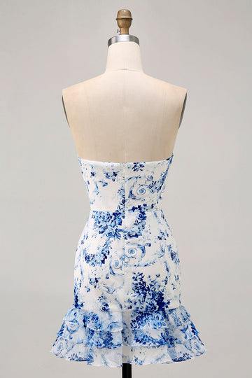 White Blue Flower Bodycon Strapless Printed Short Party Dress